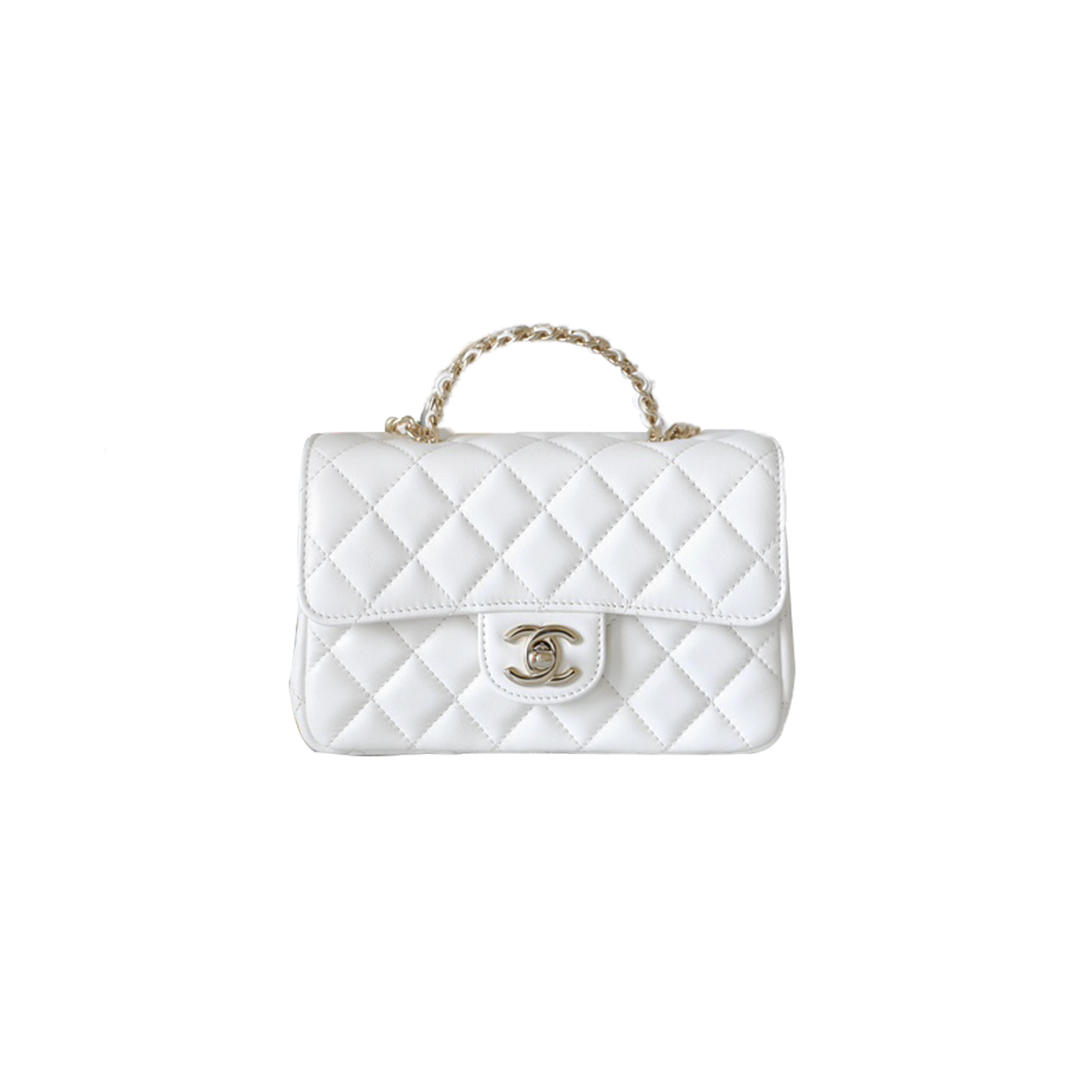 CHANEL MASTER WHITE QUILTED CALFSKIN TOP HANDLE FLAP BAG AGED GOLD HARDWARE AS4140 (18*11.5*6.5cm)